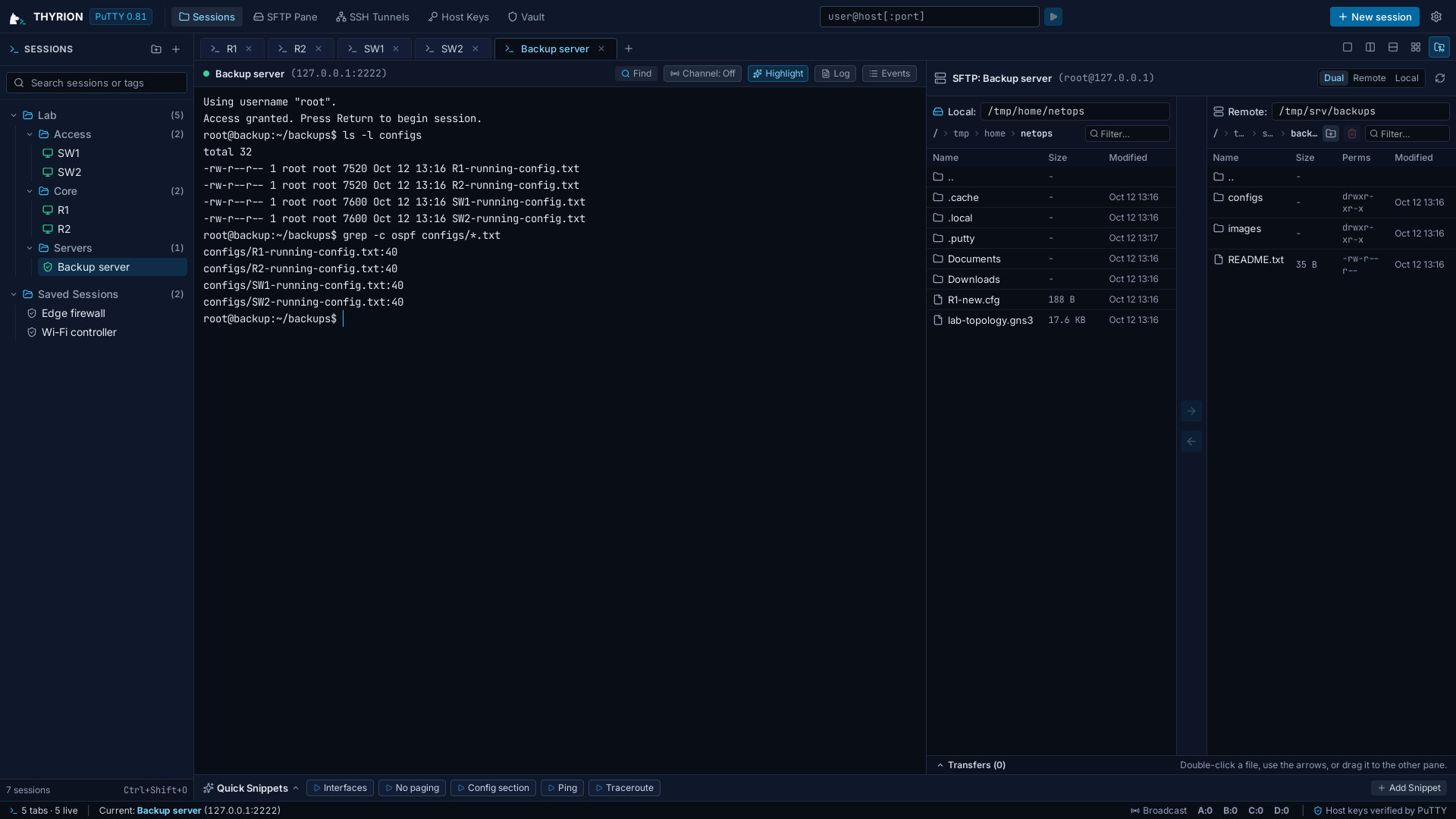 A backup server's shell beside the SFTP browser, local files on one side and the server's config backups on the other.