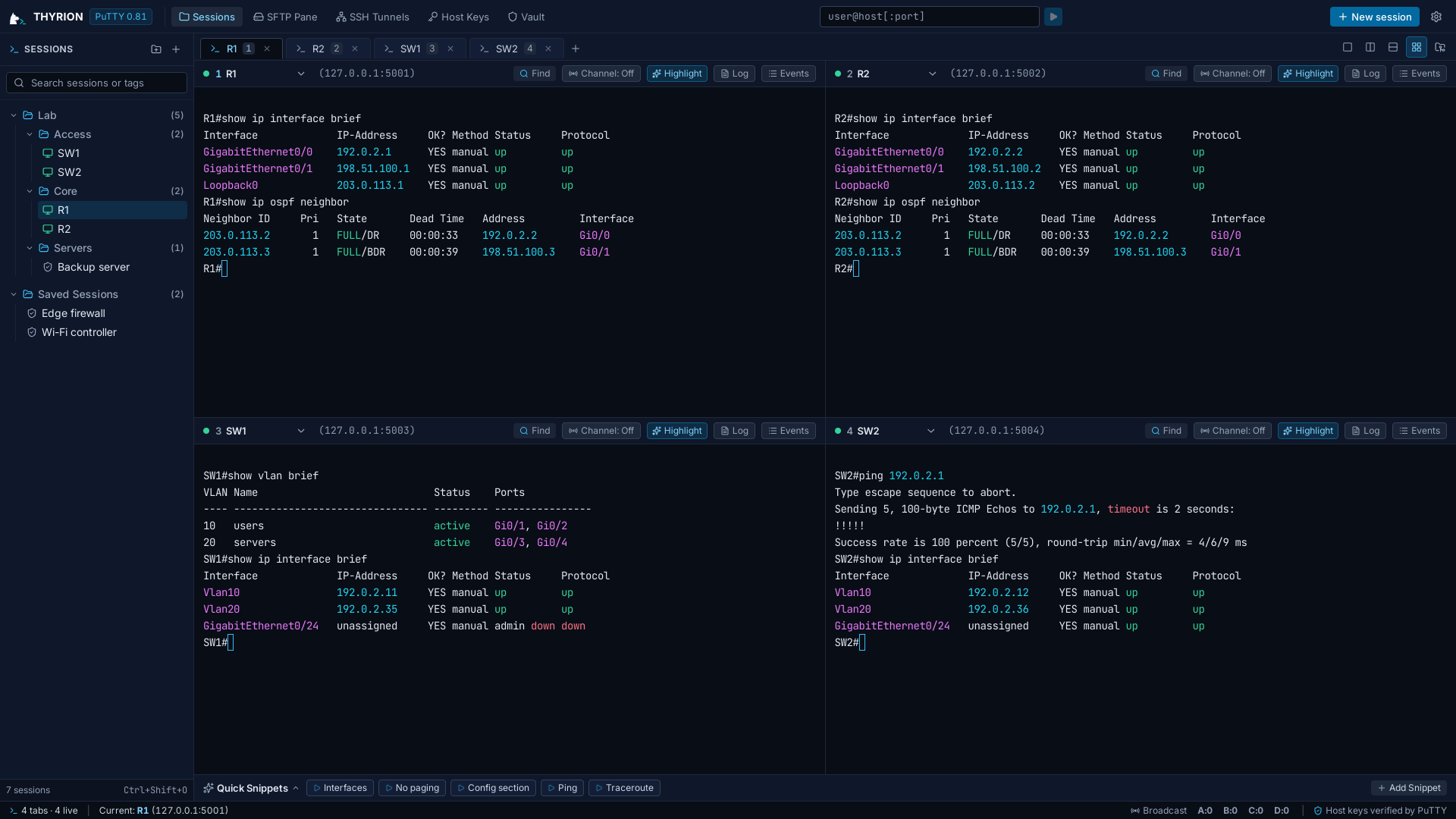 Thyrion with a lab open: the session tree on the left, and four device consoles (two routers, two switches) in a 2x2 grid, each showing interface, OSPF and VLAN output.